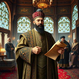 A historical portrayal of Amir Kabir, the prime minister of Naser al-Din Shah of the Qajar dynasty in Iran, dressed in traditional 19th-century Persian attire with intricate patterns