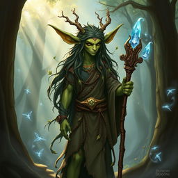A firbolg character from Dungeons & Dragons, featuring a tall and slender figure with forest green skin, large expressive ears, and long hair made of vines and leaves
