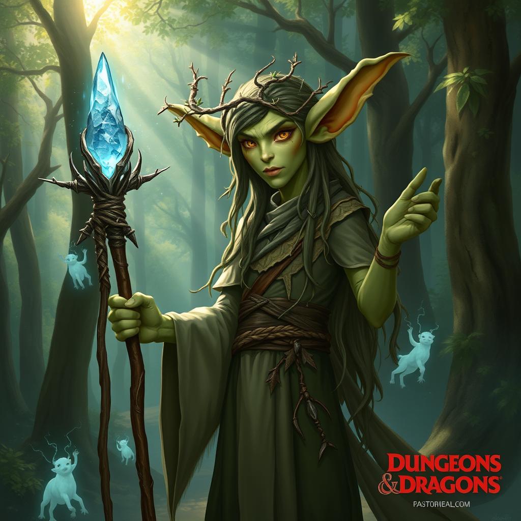 A firbolg character from Dungeons & Dragons, featuring a tall and slender figure with forest green skin, large expressive ears, and long hair made of vines and leaves