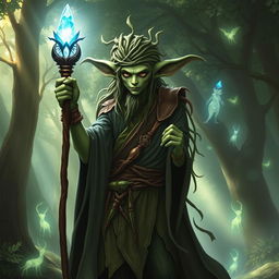 A firbolg character from Dungeons & Dragons, featuring a tall and slender figure with forest green skin, large expressive ears, and long hair made of vines and leaves