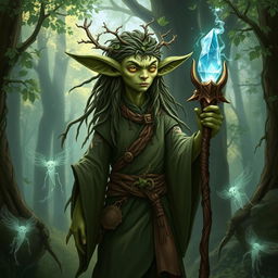 A firbolg character from Dungeons & Dragons, featuring a tall and slender figure with forest green skin, large expressive ears, and long hair made of vines and leaves