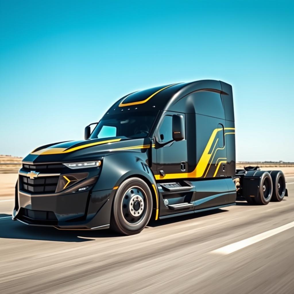 A stunning custom-designed semi-truck inspired by the sleek lines and performance of a Camaro, showcasing cutting-edge technology