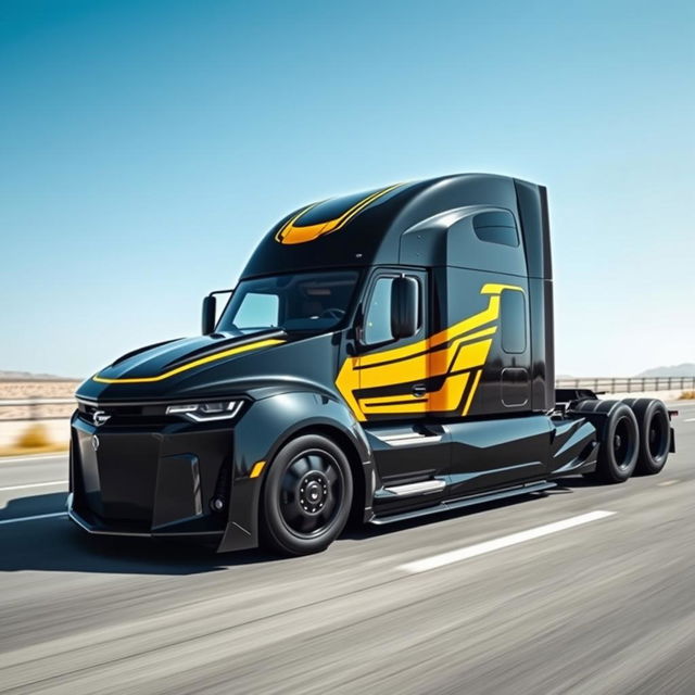 A stunning custom-designed semi-truck inspired by the sleek lines and performance of a Camaro, showcasing cutting-edge technology