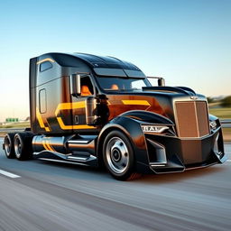 A stunning custom-designed semi-truck inspired by the sleek lines and performance of a Camaro, showcasing cutting-edge technology