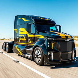 A stunning custom-designed semi-truck inspired by the sleek lines and performance of a Camaro, showcasing cutting-edge technology