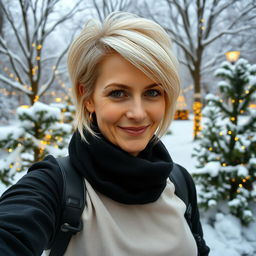 A stylish, attractive Russian woman aged between 40 and 45, featuring a fashionable hairstyle with light blonde hair