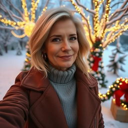 A stylish, attractive Russian woman aged between 40 and 45, featuring a fashionable hairstyle with light blonde hair