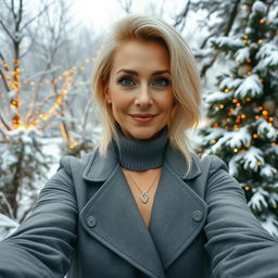 A stylish, attractive Russian woman aged between 40 and 45, featuring a fashionable hairstyle with light blonde hair