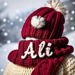 A cozy winter scene showcasing a knitted hat and scarf set