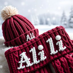 A cozy winter scene showcasing a knitted hat and scarf set