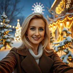A captivating Russian woman aged 40 to 45 years, taking a stylish selfie