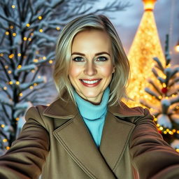 A captivating Russian woman aged 40 to 45 years, taking a stylish selfie