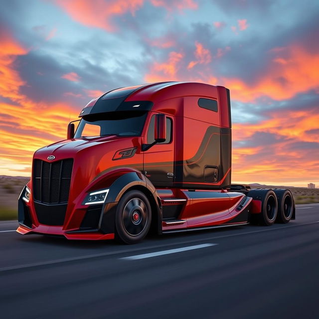 A dynamic custom semi-truck inspired by the powerful design of a Camaro, featuring a sleek and modern appearance