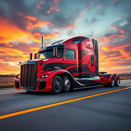 A dynamic custom semi-truck inspired by the powerful design of a Camaro, featuring a sleek and modern appearance