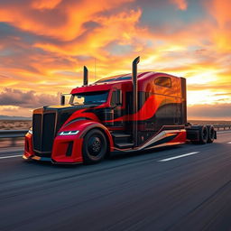 A dynamic custom semi-truck inspired by the powerful design of a Camaro, featuring a sleek and modern appearance