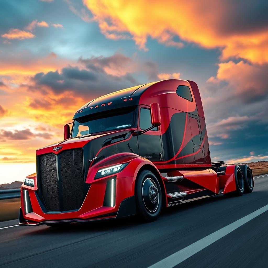 A dynamic custom semi-truck inspired by the powerful design of a Camaro, featuring a sleek and modern appearance