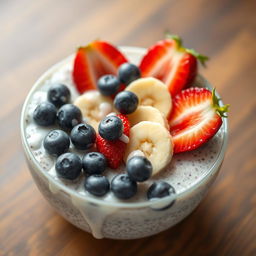 A delicious bowl of chia pudding topped with fresh strawberries, bananas, and blueberries, drizzled with creamy milk