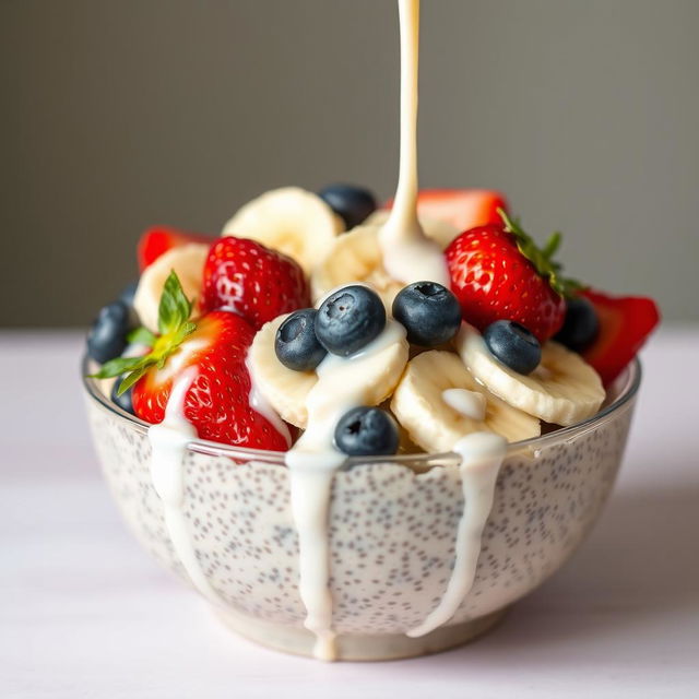 A delicious bowl of chia pudding topped with fresh strawberries, bananas, and blueberries, drizzled with creamy milk