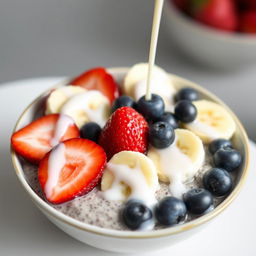 A delicious bowl of chia pudding topped with fresh strawberries, bananas, and blueberries, drizzled with creamy milk