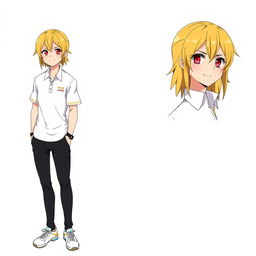 A character design of a male anime character named Sailer Miggs (Saki), featuring medium-length golden hair with subtle black or silver accents, styled smoothly swept back on the sides, with a few casual strands falling forward