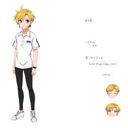 A character design of a male anime character named Sailer Miggs (Saki), featuring medium-length golden hair with subtle black or silver accents, styled smoothly swept back on the sides, with a few casual strands falling forward