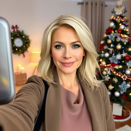 A stylish, attractive Russian woman aged between 40 and 45, with a fashionable hairstyle and light blonde hair, taking a selfie