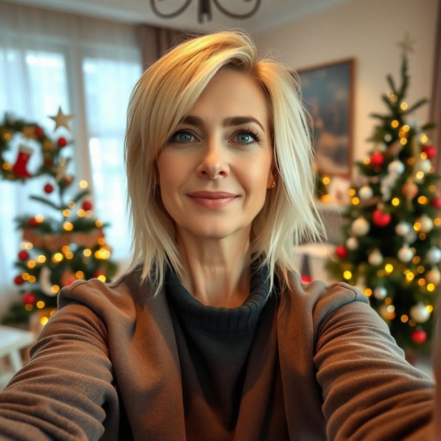 A stylish, attractive Russian woman aged between 40 and 45, with a fashionable hairstyle and light blonde hair, taking a selfie