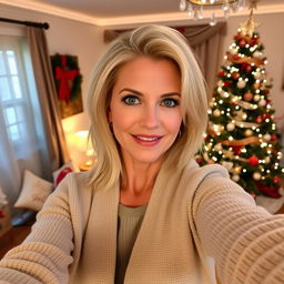 A stylish, attractive Russian woman aged between 40 and 45, with a fashionable hairstyle and light blonde hair, taking a selfie