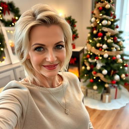 A stylish, attractive Russian woman aged between 40 and 45, with a fashionable hairstyle and light blonde hair, taking a selfie