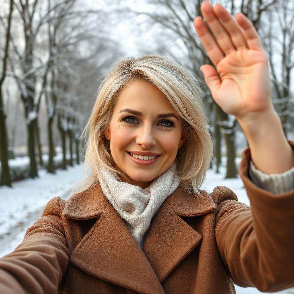 An attractive Russian woman aged between 40 and 45 years, taking a fashionable selfie