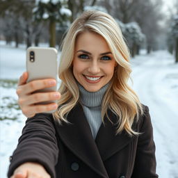 An attractive Russian woman aged between 40 and 45 years, taking a fashionable selfie
