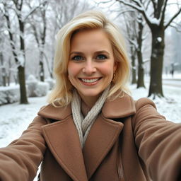 An attractive Russian woman aged between 40 and 45 years, taking a fashionable selfie