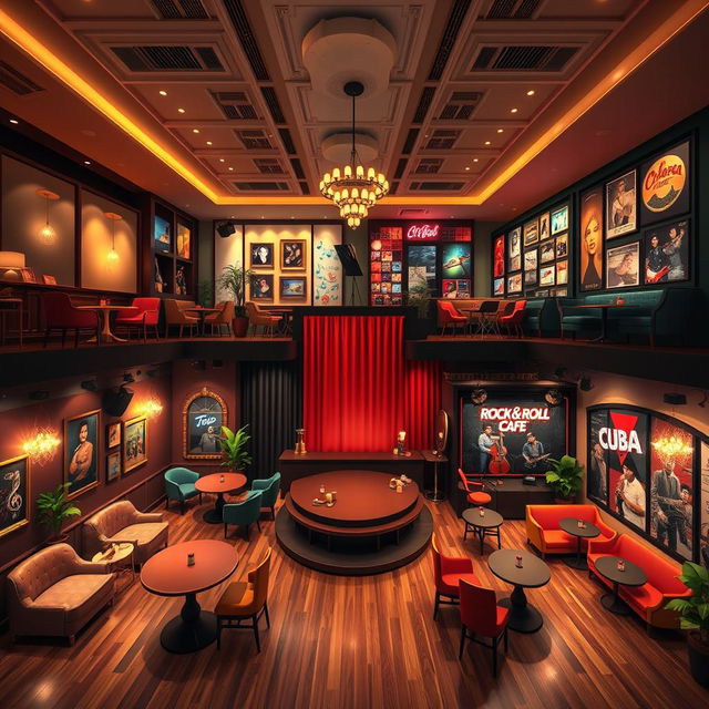 An expansive interior design of a cafe divided into four distinct sections, each themed around different music genres: Jazz, Pop, Rock and Roll, and Cuban music