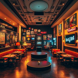 An expansive interior design of a cafe divided into four distinct sections, each themed around different music genres: Jazz, Pop, Rock and Roll, and Cuban music