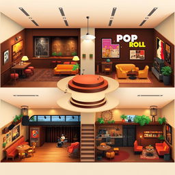 An expansive interior design of a cafe divided into four distinct sections, each themed around different music genres: Jazz, Pop, Rock and Roll, and Cuban music