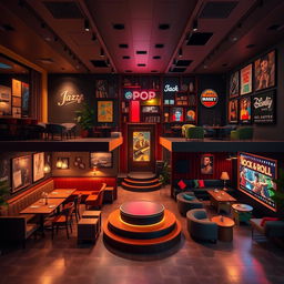 An expansive interior design of a cafe divided into four distinct sections, each themed around different music genres: Jazz, Pop, Rock and Roll, and Cuban music