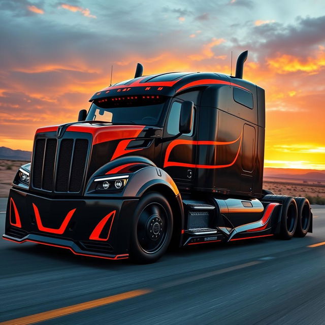 A visually striking custom semi-truck inspired by the design elements of a Camaro, featuring a sleek and aggressive stance