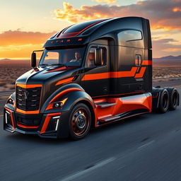 A visually striking custom semi-truck inspired by the design elements of a Camaro, featuring a sleek and aggressive stance