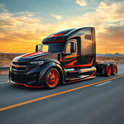 A visually striking custom semi-truck inspired by the design elements of a Camaro, featuring a sleek and aggressive stance
