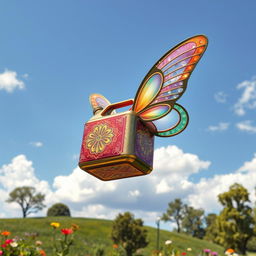 A whimsical scene featuring a vibrant oil can with colorful, ethereal wings, soaring gracefully through a bright blue sky