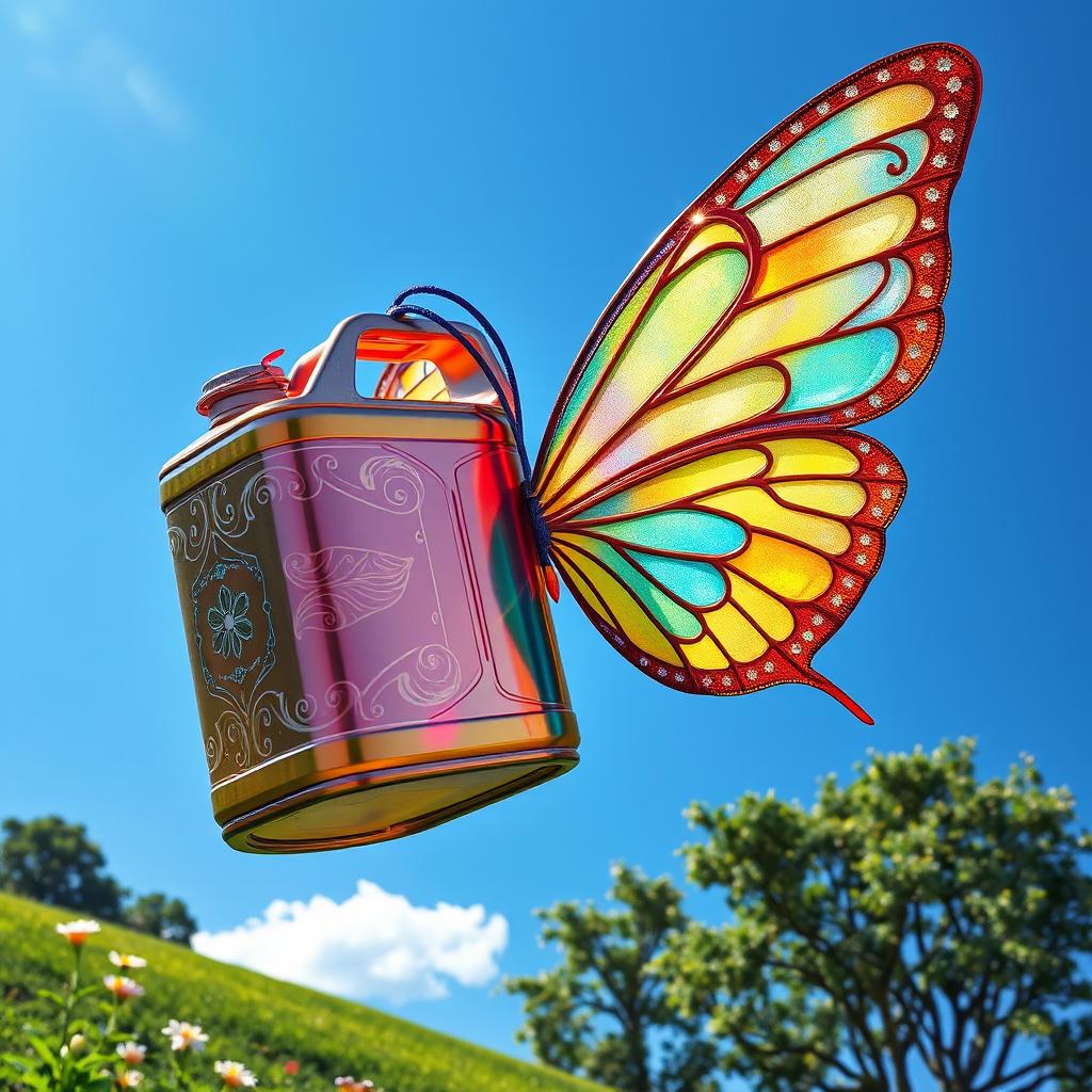 A whimsical scene featuring a vibrant oil can with colorful, ethereal wings, soaring gracefully through a bright blue sky