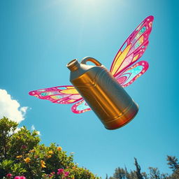 A whimsical scene featuring a vibrant oil can with colorful, ethereal wings, soaring gracefully through a bright blue sky