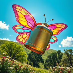 A whimsical scene featuring a vibrant oil can with colorful, ethereal wings, soaring gracefully through a bright blue sky