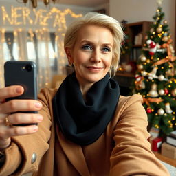 A sophisticated and attractive Russian woman aged between 40 and 45, with light blonde hair styled in a fashionable way, taking a selfie