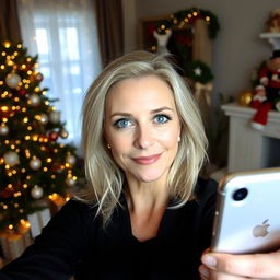 A sophisticated and attractive Russian woman aged between 40 and 45, with light blonde hair styled in a fashionable way, taking a selfie