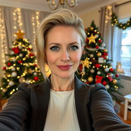 A sophisticated and attractive Russian woman aged between 40 and 45, with light blonde hair styled in a fashionable way, taking a selfie