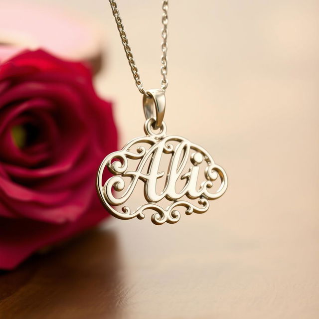 A beautifully crafted metal necklace featuring the name 'Ali' elegantly engraved on the pendant