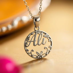 A beautifully crafted metal necklace featuring the name 'Ali' elegantly engraved on the pendant