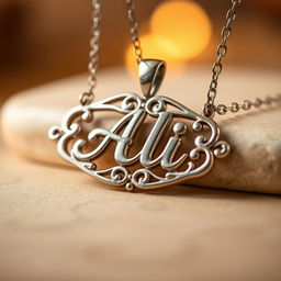 A beautifully crafted metal necklace featuring the name 'Ali' elegantly engraved on the pendant