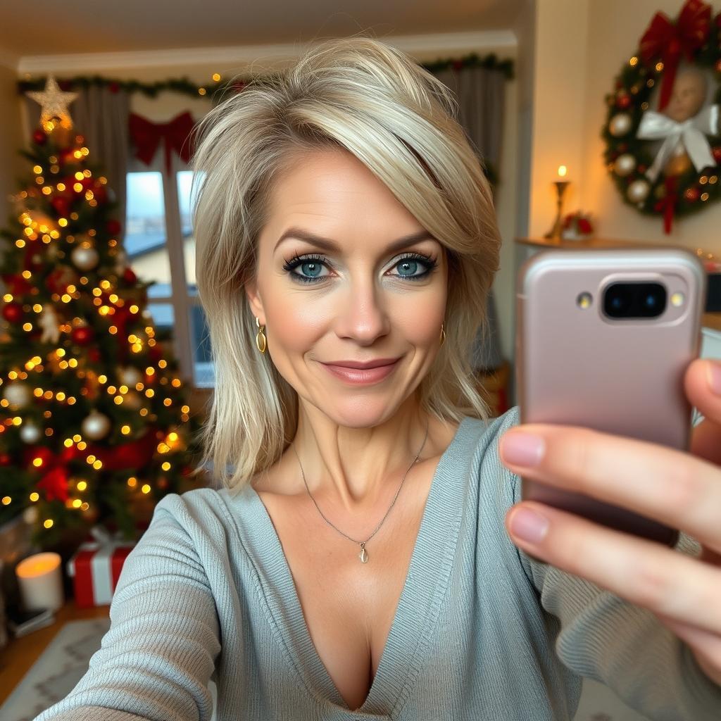 A sexy Russian woman aged between 40 to 45 years with a fashionable hairstyle and light blonde hair, taking a selfie